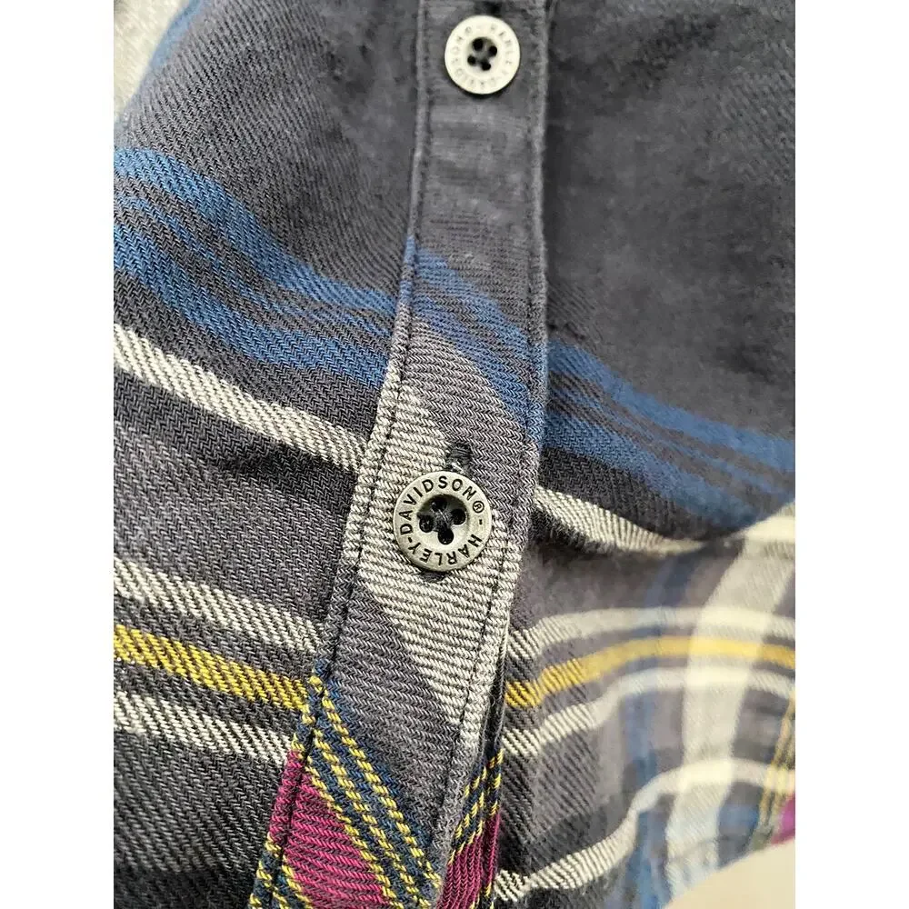 Harley Davidson Womens Blue Plaid Cotton Gauzy Long Sleeve Button Up Shirt Biker